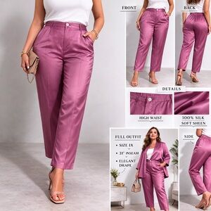 Michael Mims Kathy Cole 100% Silk Pants L Mauve Satin High Rise NWT Quiet Luxury